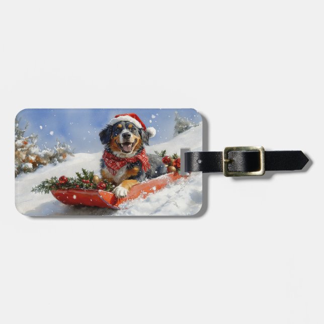 Bluetick Coonhound Dog in Sledge Christmas Luggage Tag (Front Horizontal)