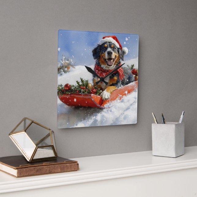 Bluetick Coonhound Dog in Sledge Christmas Square Wall Clock (Office)