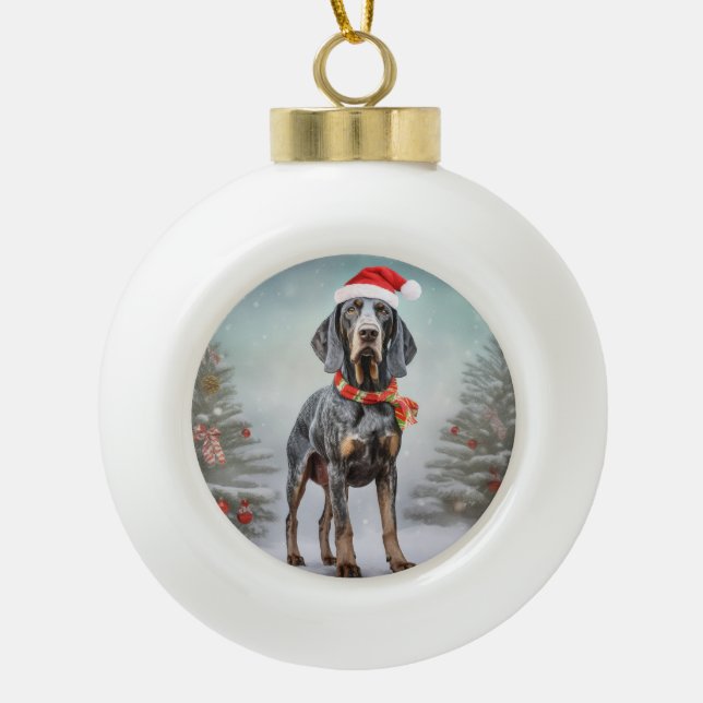 Bluetick Coonhound Dog in Snow Christmas  Ceramic Ball Christmas Ornament (Front)