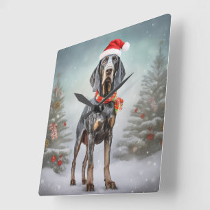 Bluetick Coonhound Dog in Snow Christmas Square Wall Clock