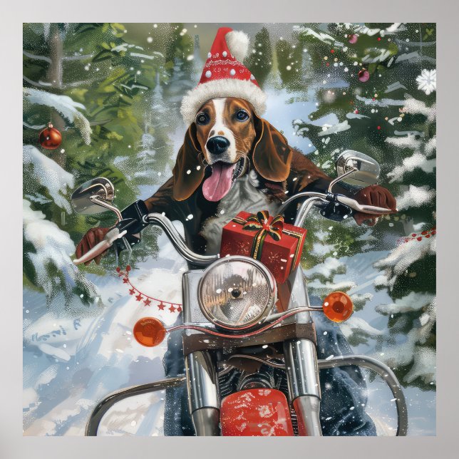 Bluetick Coonhound Dog Riding Motorcycle Christmas Poster (Front)