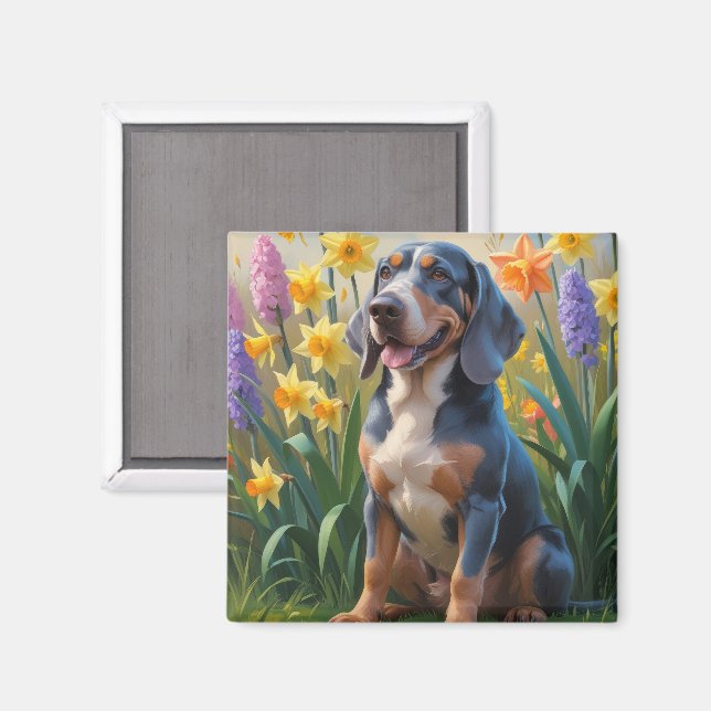 Bluetick Coonhound Dog Spring Flowers Painting Magnet (Front/Back)
