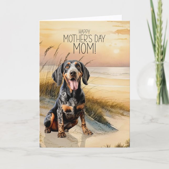 Bluetick Coonhound Dog Sunset Beach Mother's Day Holiday Card (Front)