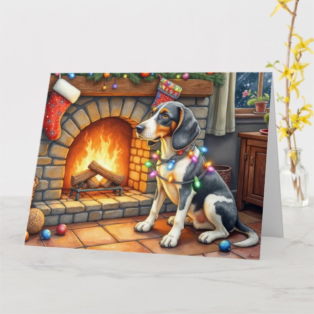 Bluetick Coonhound Fireplace with Christmas Lights Card (Yellow Flower)