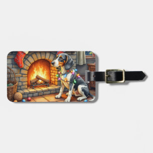 Bluetick Coonhound Fireplace with Christmas Lights Luggage Tag