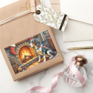 Bluetick Coonhound Fireplace with Christmas Lights Rectangular Sticker