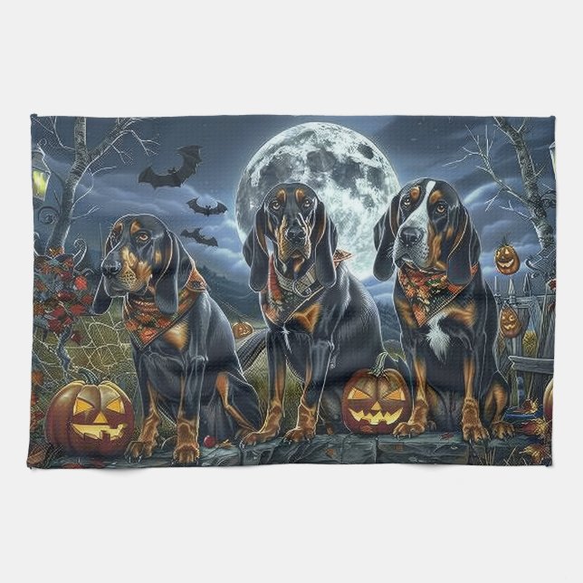 Bluetick Coonhound Halloween Spooky Tea Towel (Horizontal)