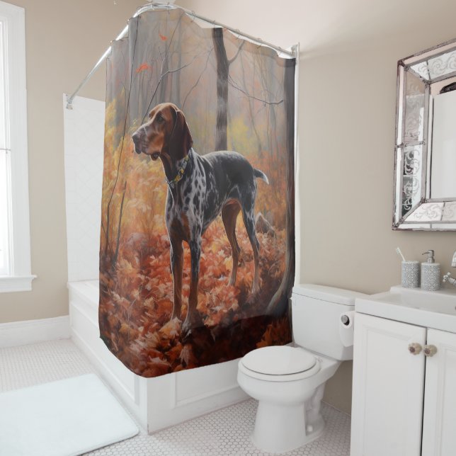 Bluetick Coonhound in Autumn Leaves Fall Inspire Shower Curtain (In Situ)