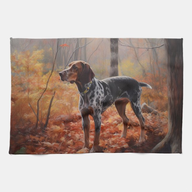 Bluetick Coonhound in Autumn Leaves Fall Inspire Tea Towel (Horizontal)
