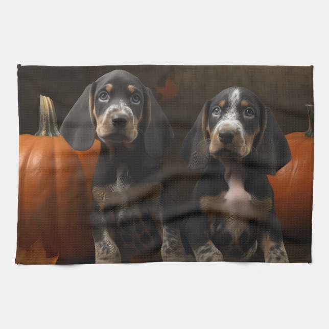 Bluetick Coonhound Puppy Autumn Delight Pumpkin  Tea Towel (Horizontal)