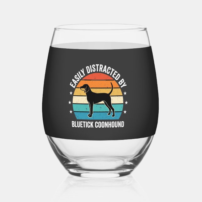 Bluetick Coonhound Retro Sunset Dog Stemless Wine Glass (Front)