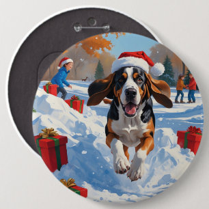 Bluetick Coonhound Running in Snow with Christmas  6 Cm Round Badge