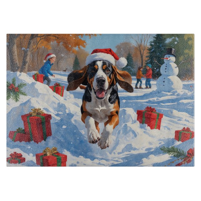 Bluetick Coonhound Running in Snow with Christmas  Cutting Board (Front)