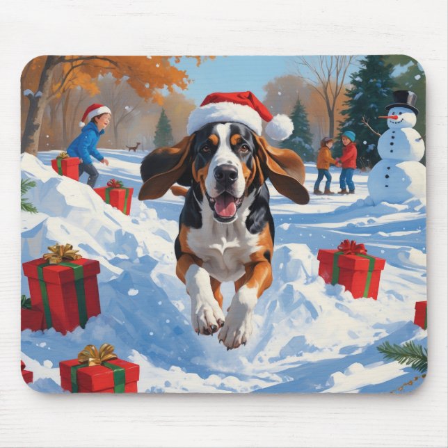 Bluetick Coonhound Running in Snow with Christmas  Mouse Pad (Front)