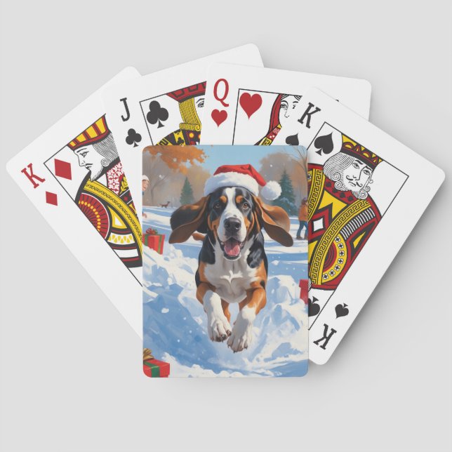 Bluetick Coonhound Running in Snow with Christmas  Playing Cards (Back)