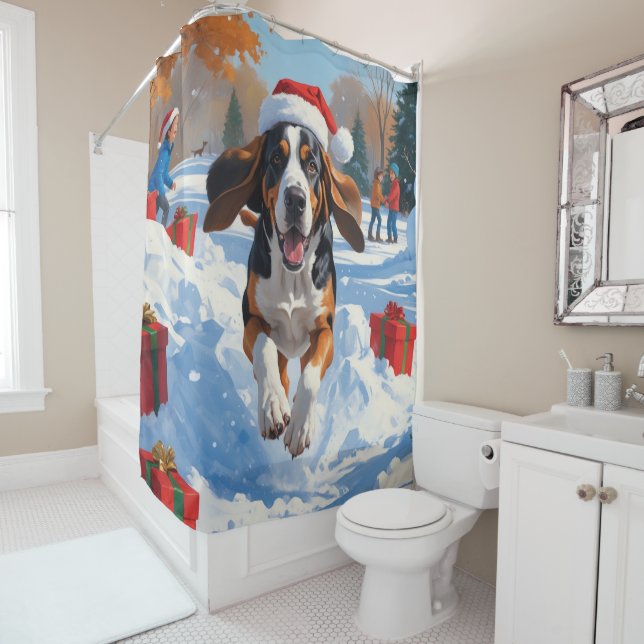 Bluetick Coonhound Running in Snow with Christmas  Shower Curtain (In Situ)