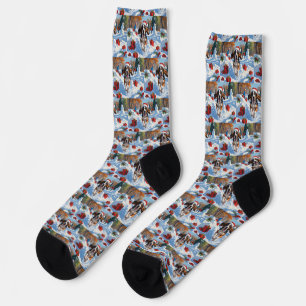 Bluetick Coonhound Running in Snow with Christmas  Socks