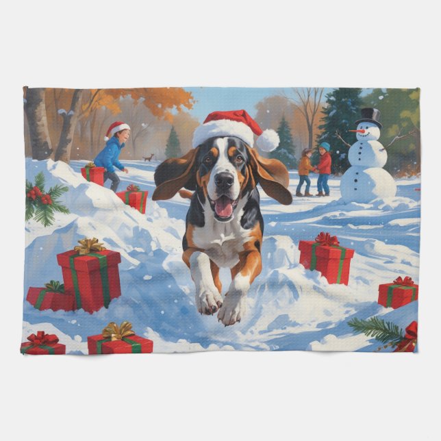Bluetick Coonhound Running in Snow with Christmas  Tea Towel (Horizontal)