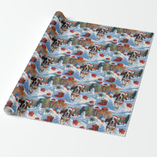 Bluetick Coonhound Running in Snow with Christmas  Wrapping Paper