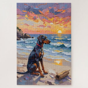 Bluetick Coonhound Sunset Beach Scene Jigsaw Puzzle