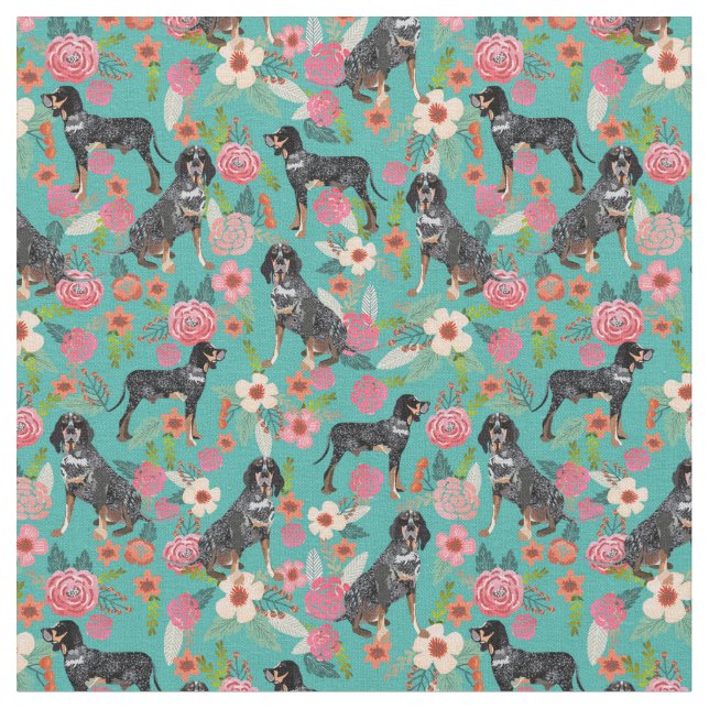Bluetick Coonhound vintage florals turquoise Fabric (Close Up)