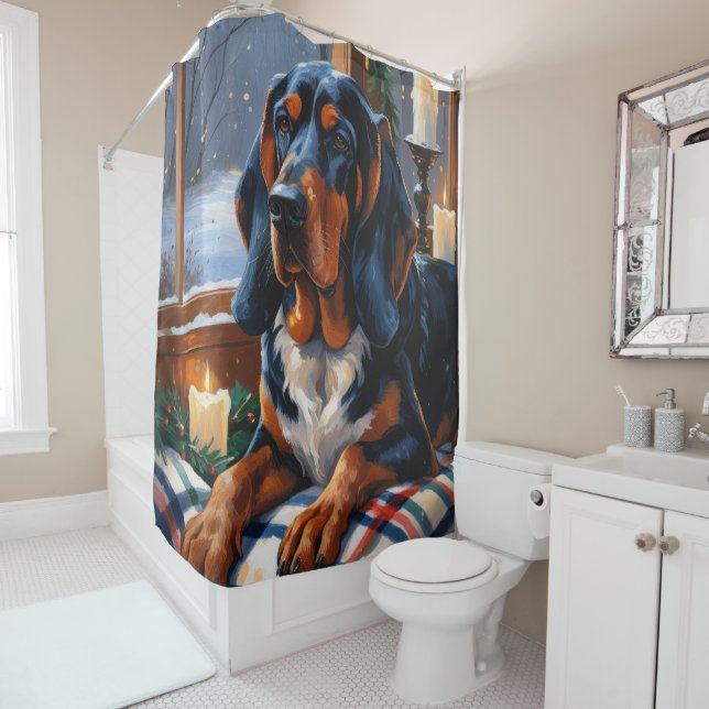 Bluetick Coonhound With Christmas Lights Holiday Shower Curtain (In Situ)