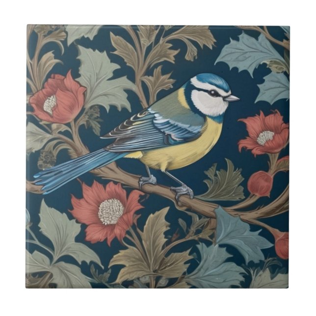 Bluetit William Morris style Right Bird Blue Tit  Tile (Front)