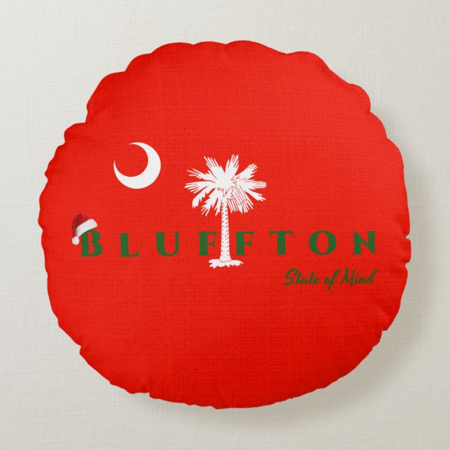 Bluffton State of Mind Christmas Holiday Red Green Round Cushion (Front)
