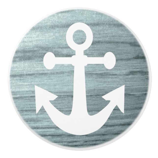 Bluish Aged Wood Look Print with Nautical Anchor Ceramic Knob (Front)