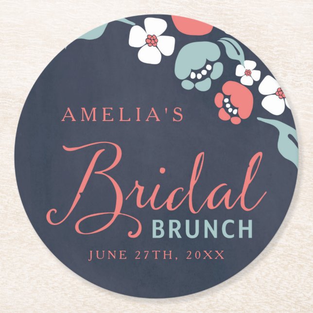 Bluish Chalkboard Floral Bridal Brunch Round Paper Coaster (Front)