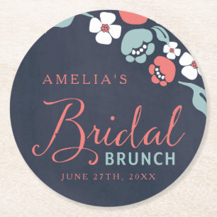 Bluish Chalkboard Floral Bridal Brunch Round Round Paper Coaster