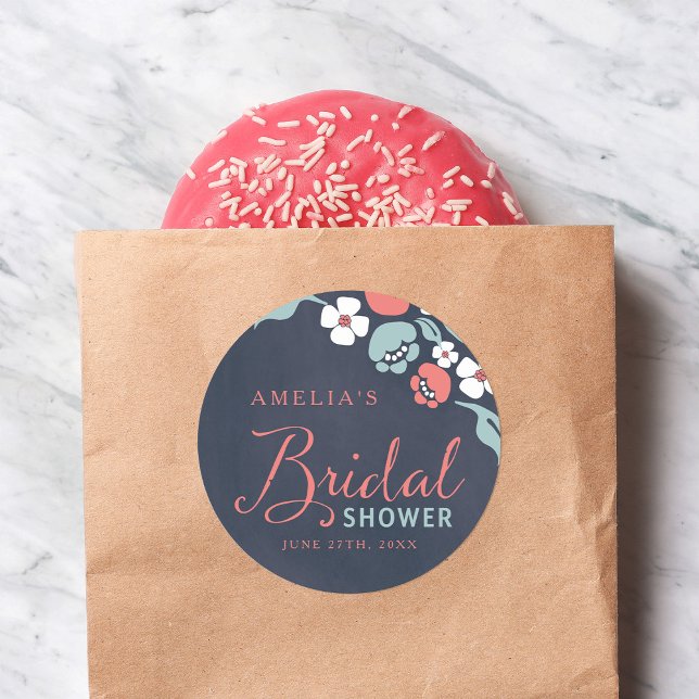Bluish Chalkboard Floral Bridal Shower Classic Round Sticker (Creator Uploaded)