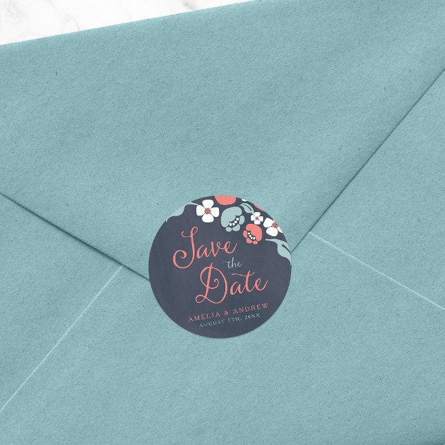 Bluish Chalkboard Floral Save the Date Classic Round Sticker (Creator Uploaded)