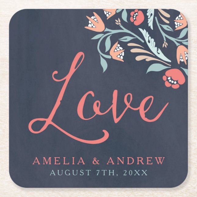 Bluish Chalkboard Floral Wedding Love Square Paper Coaster (Front)
