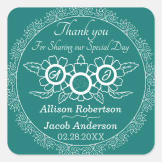 Bluish Green & White Wedding classic round sticker
