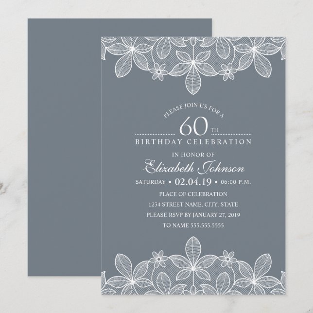 Bluish Grey 60th Birthday Party Creative Lace Invitation (Front/Back)