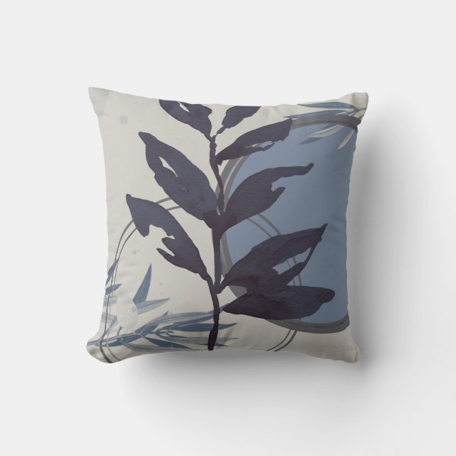 Bluish Grey Abstract Watercolor Leaf Cushion (Front)
