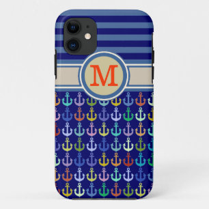 Bluish Monogram, anchors & stripes Case-Mate iPhone Case