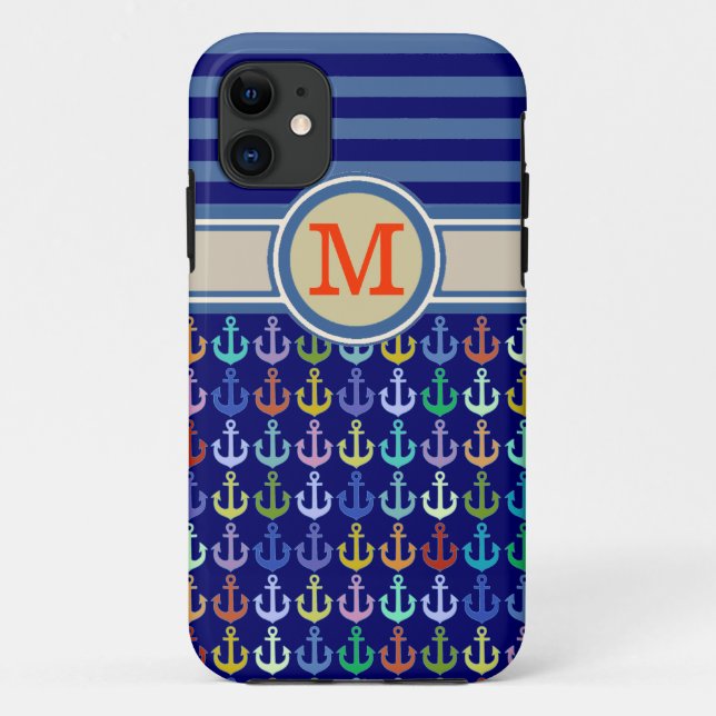 Bluish Monogram, anchors & stripes Case-Mate iPhone Case (Back)