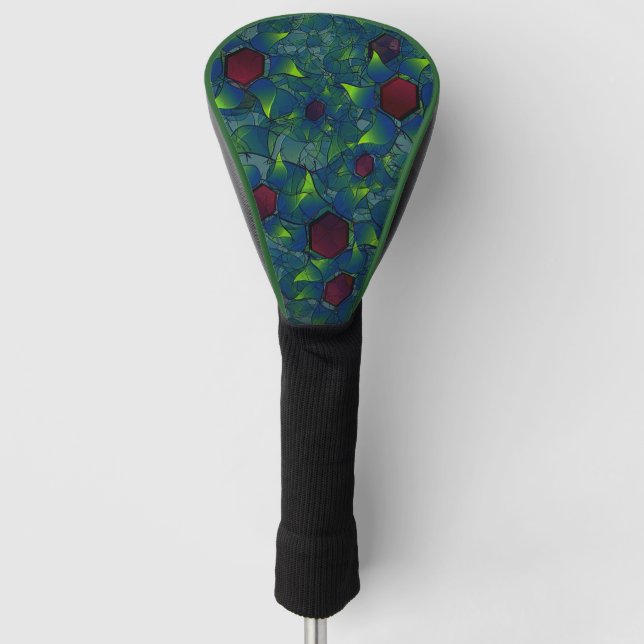 Bluish notched virtual leafy with dark red hexagon golf head cover (Front)