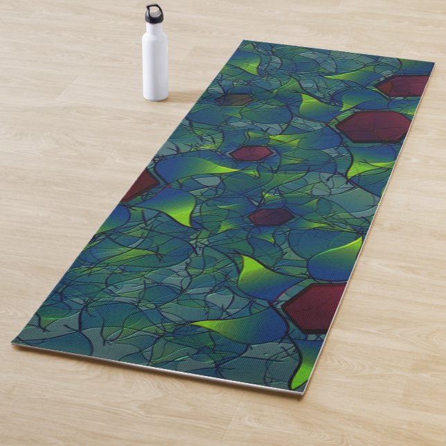 Bluish notched virtual leafy with dark red hexagon yoga mat (In Situ)