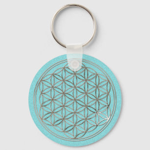 Blume des Lebens / Flower Of Life   silver cyan Key Ring