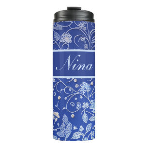 Blumenmuster blau, hellblau thermal tumbler