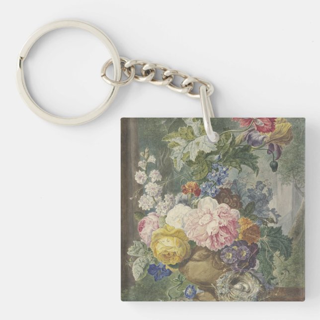 Blumenstrauß in einer Vase mit Vogelnest Key Ring (Front)