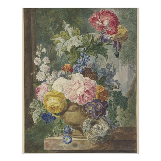 Blumenstrauß in einer Vase mit Vogelnest Poster (Front)