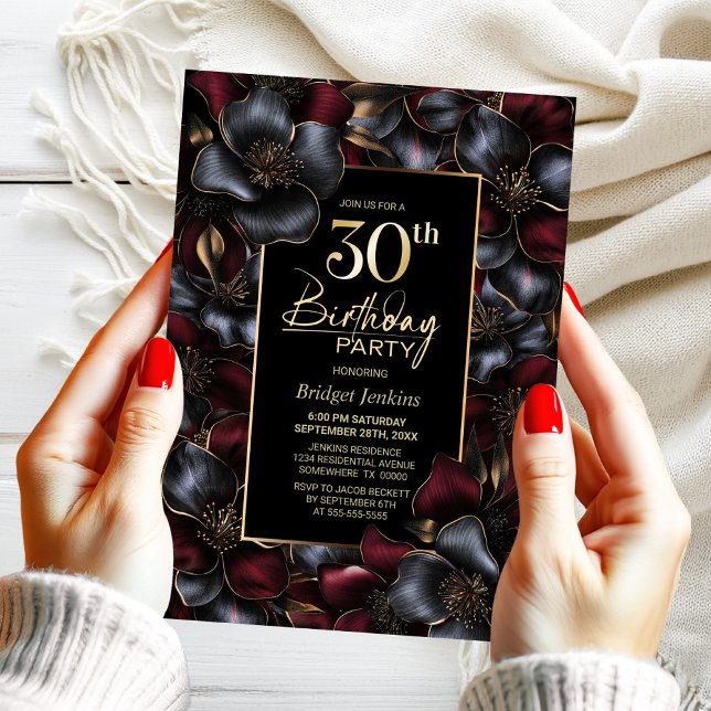 Blurgundy and Grey Floral 30th Birthday Party Invitation (Creator Uploaded)