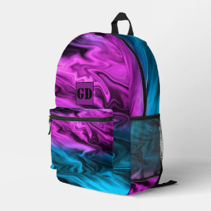 Blurred background fashionable crimson and blue printed backpack