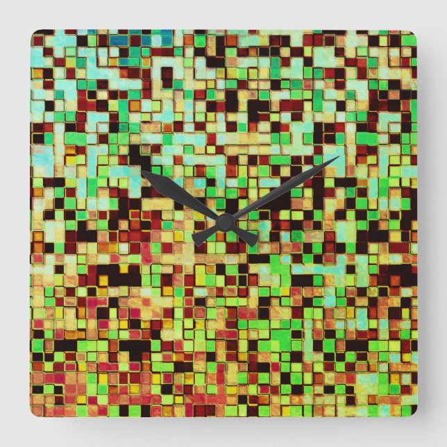 Blurred green and brown small squares or tile square wall clock (Front)