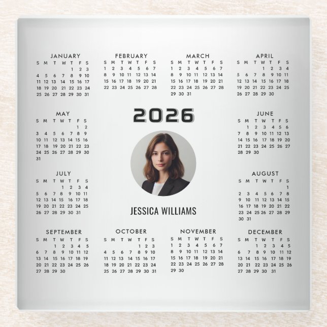 Blurred Grey Background Custom Photo 2026 Calendar Glass Coaster (Front)