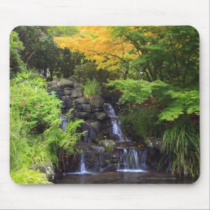 Blurred Rock Waterfall, Maple Green & Orange Trees Mouse Pad